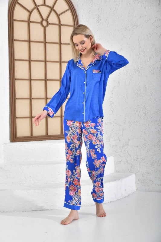Satijn Pyjamaset- Nachtkleding Blauw Bloemen Print