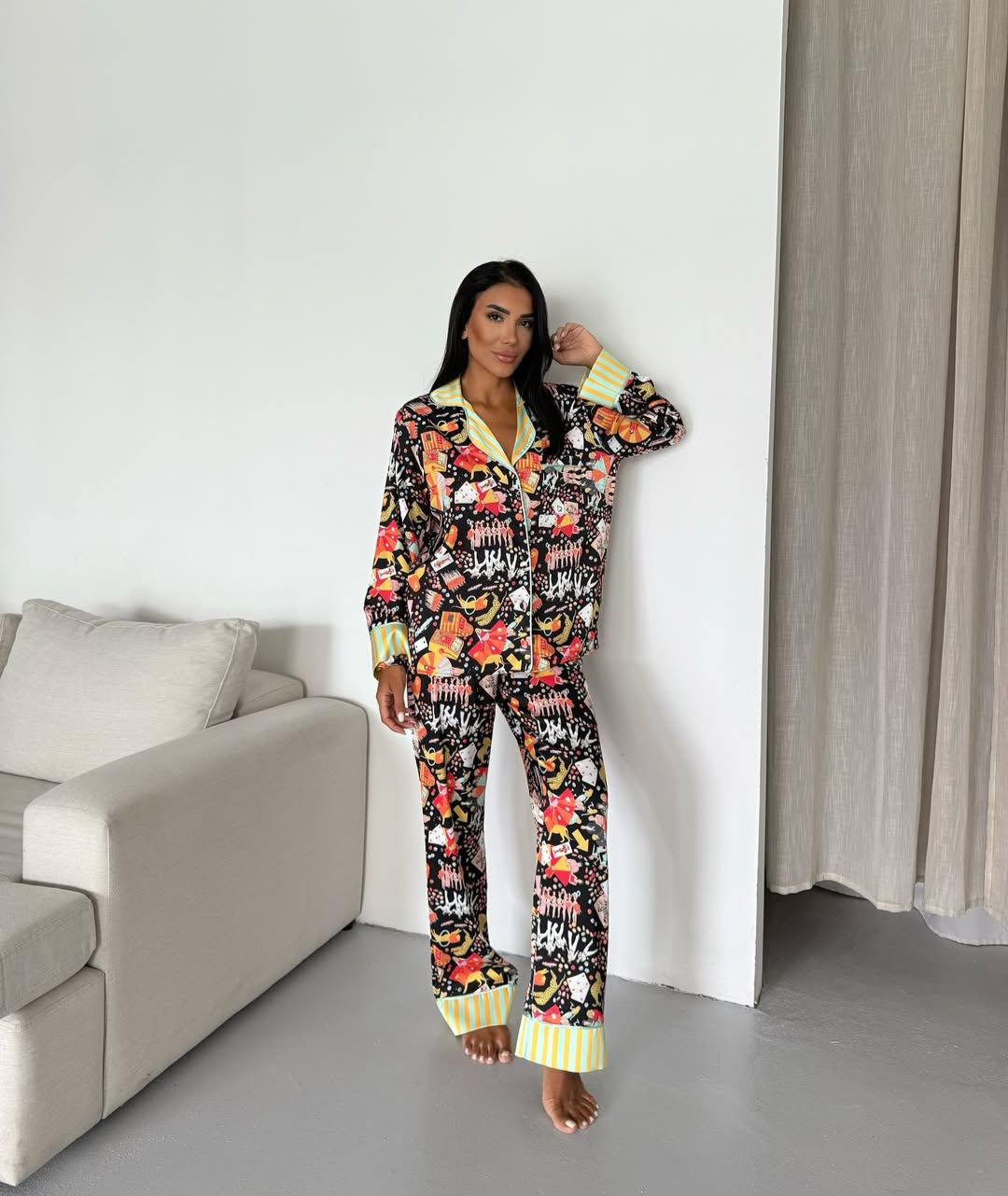 Satijnen- Luxe Pyjamaset- Nachtkleding Zwart