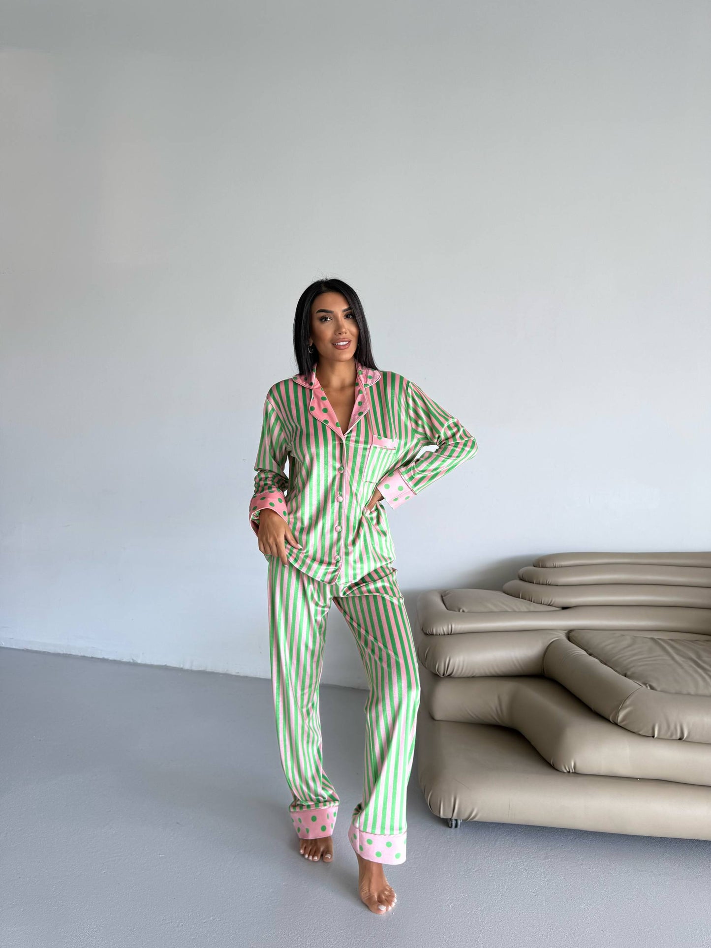 Fluwelen- Pyjamaset- Nachtkleding-Gestreept