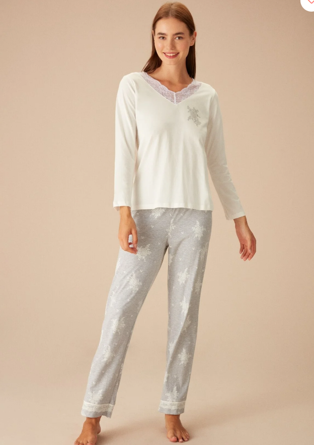 Dames Pyjama Set -Homewear -Grijs/Wit