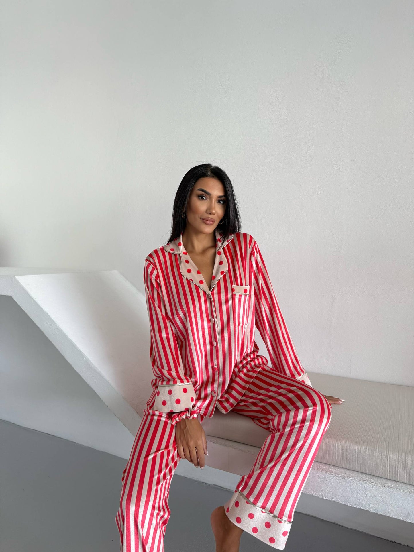 Fluwelen- Pyjamaset- Nachtkleding-Gestreept Rood