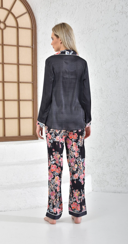 Satijn Pyjamaset- Nachtkleding Zwart Bloemen Print