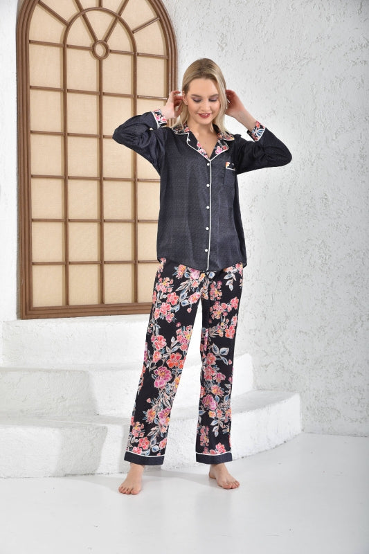 Satijn Pyjamaset- Nachtkleding Zwart Bloemen Print