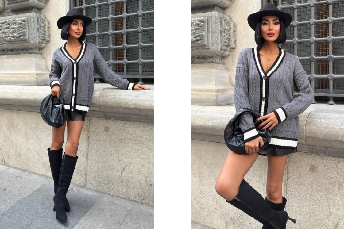 Dames Oversized V-hals Vest Met Patchzakken- Grijze