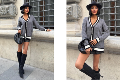 Dames Oversized V-hals Vest Met Patchzakken- Grijze