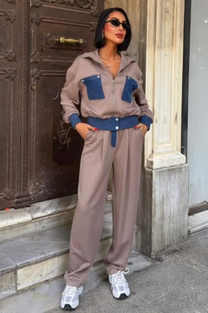 Trainingspak - Loungewear- Joggingspak - Sport kleding Met Ritssluiting- Jean- Modal Bruin