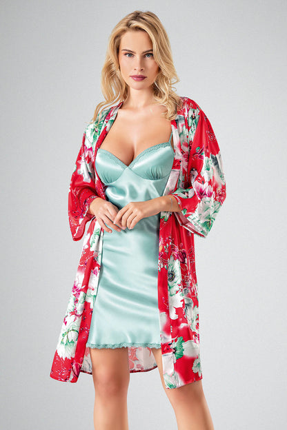 Satijn Nachtjapon/ Ochtendjas - Lingerie- Sexy- Rood/Mintgroen