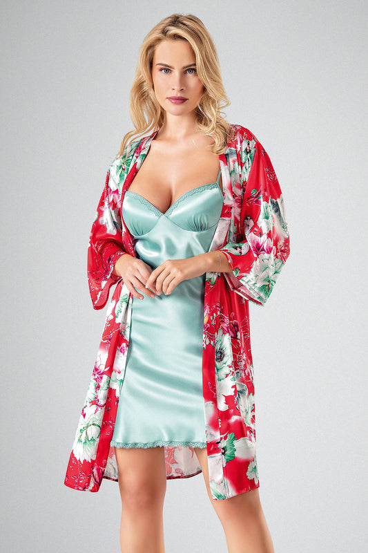 Satijn Nachtjapon/ Ochtendjas - Lingerie- Sexy- Rood/Mintgroen
