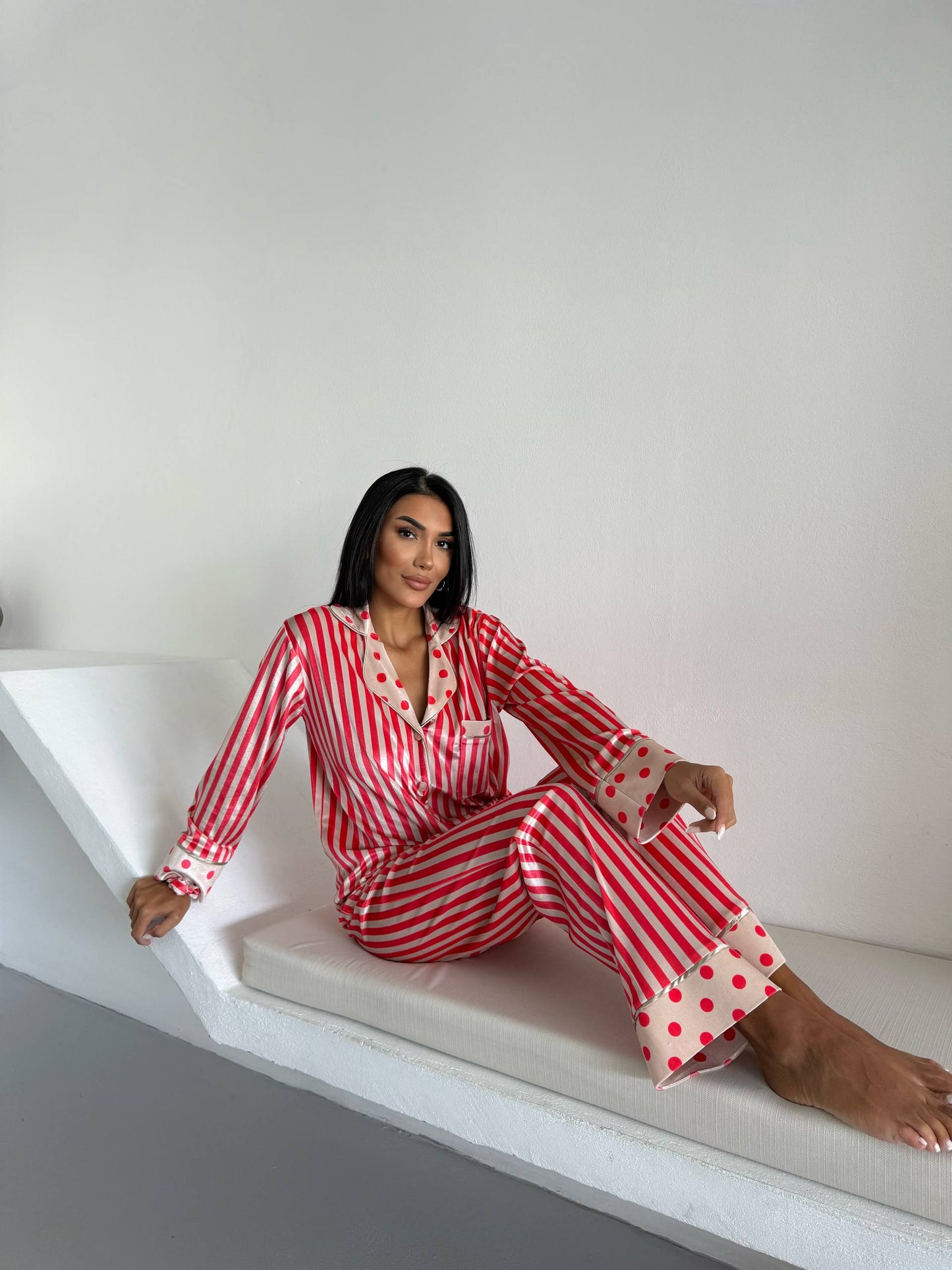 Fluwelen- Pyjamaset- Nachtkleding-Gestreept Rood