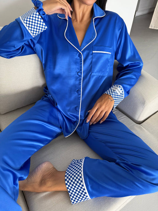 Satijnen- Luxe Pyjamaset- Pyjama- Nachtkleding  Blauw