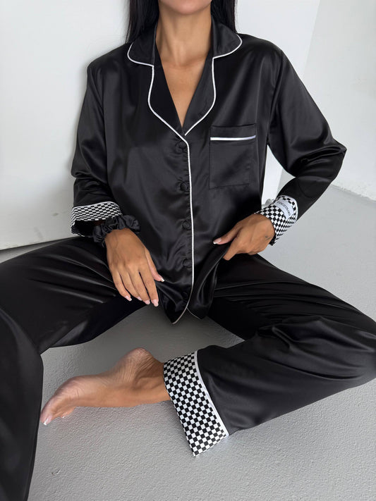 Satijnen- Luxe Pyjamaset- Nachtkleding Zwart