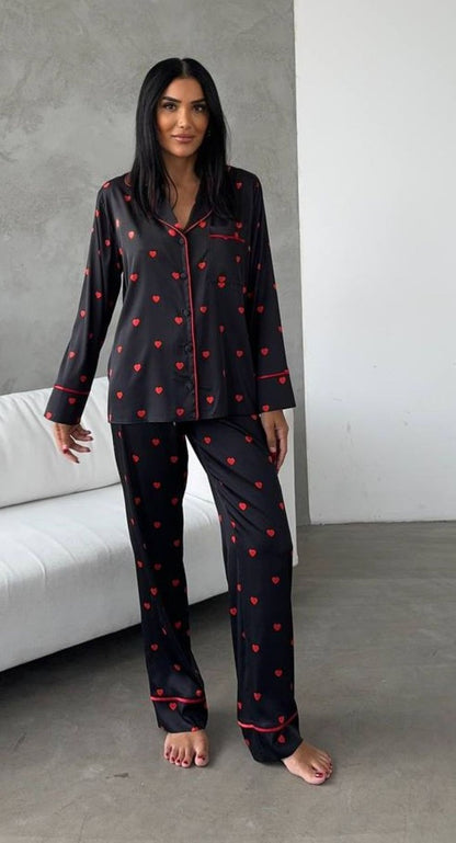 Satijnen Dames Pyjamaset- Luxe- Pyjama- Nachtkleding Zwart