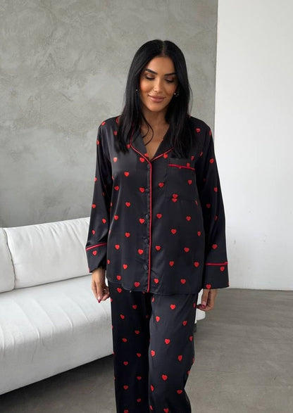 Satijnen Dames Pyjamaset- Luxe- Pyjama- Nachtkleding Zwart
