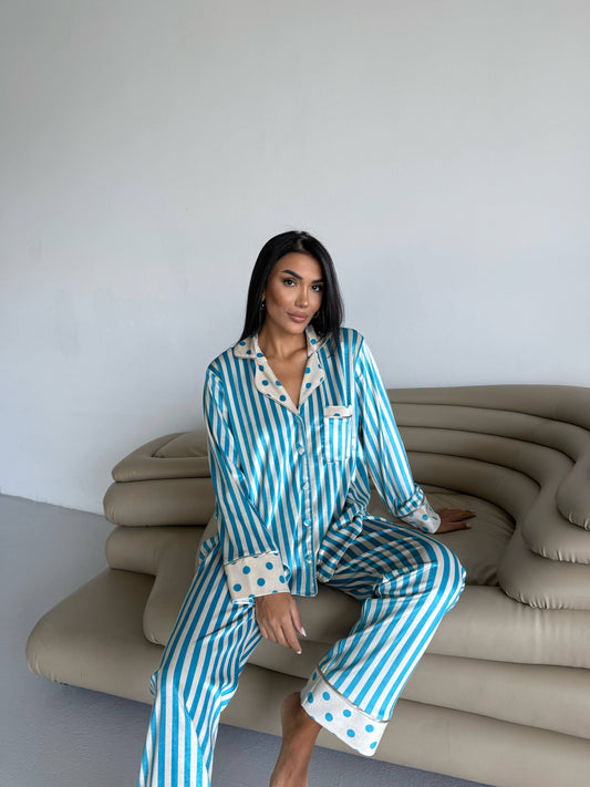 Fluwelen- Luxe Pyjamaset- Nachtkleding-Gestreept- Blauw