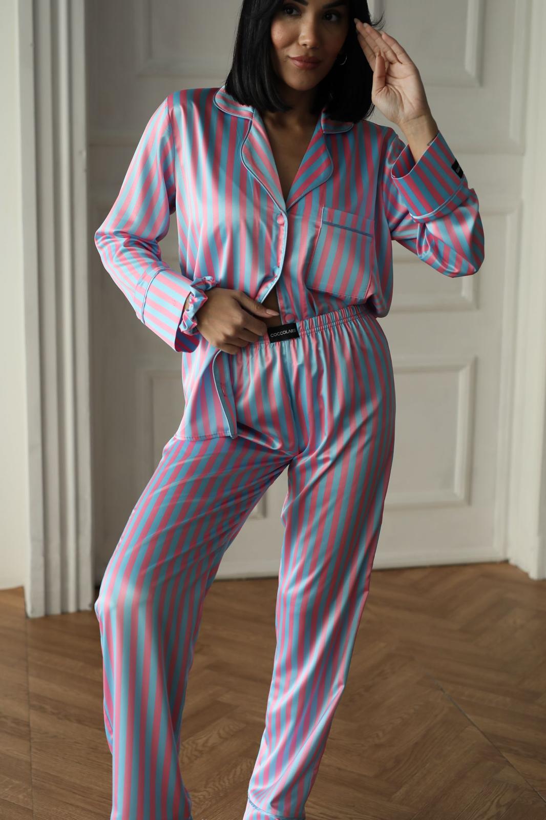 Satijnen Dames Pyjamaset- Luxe- Pyjama- Nachtkleding Gestreept-