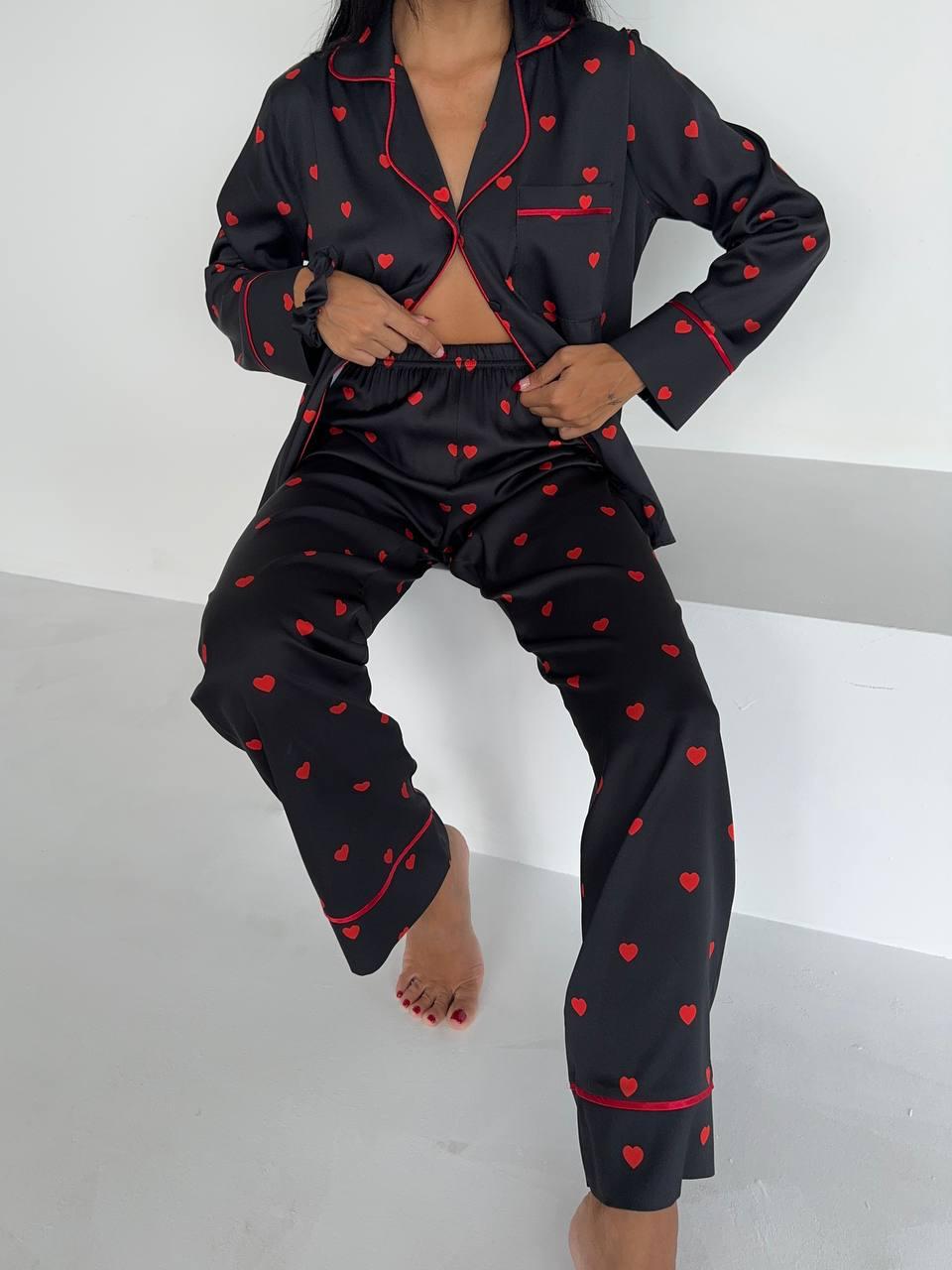 Satijnen Dames Pyjamaset- Luxe- Pyjama- Nachtkleding Zwart