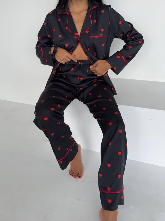 Satijnen Dames Pyjamaset- Luxe- Pyjama- Nachtkleding Zwart