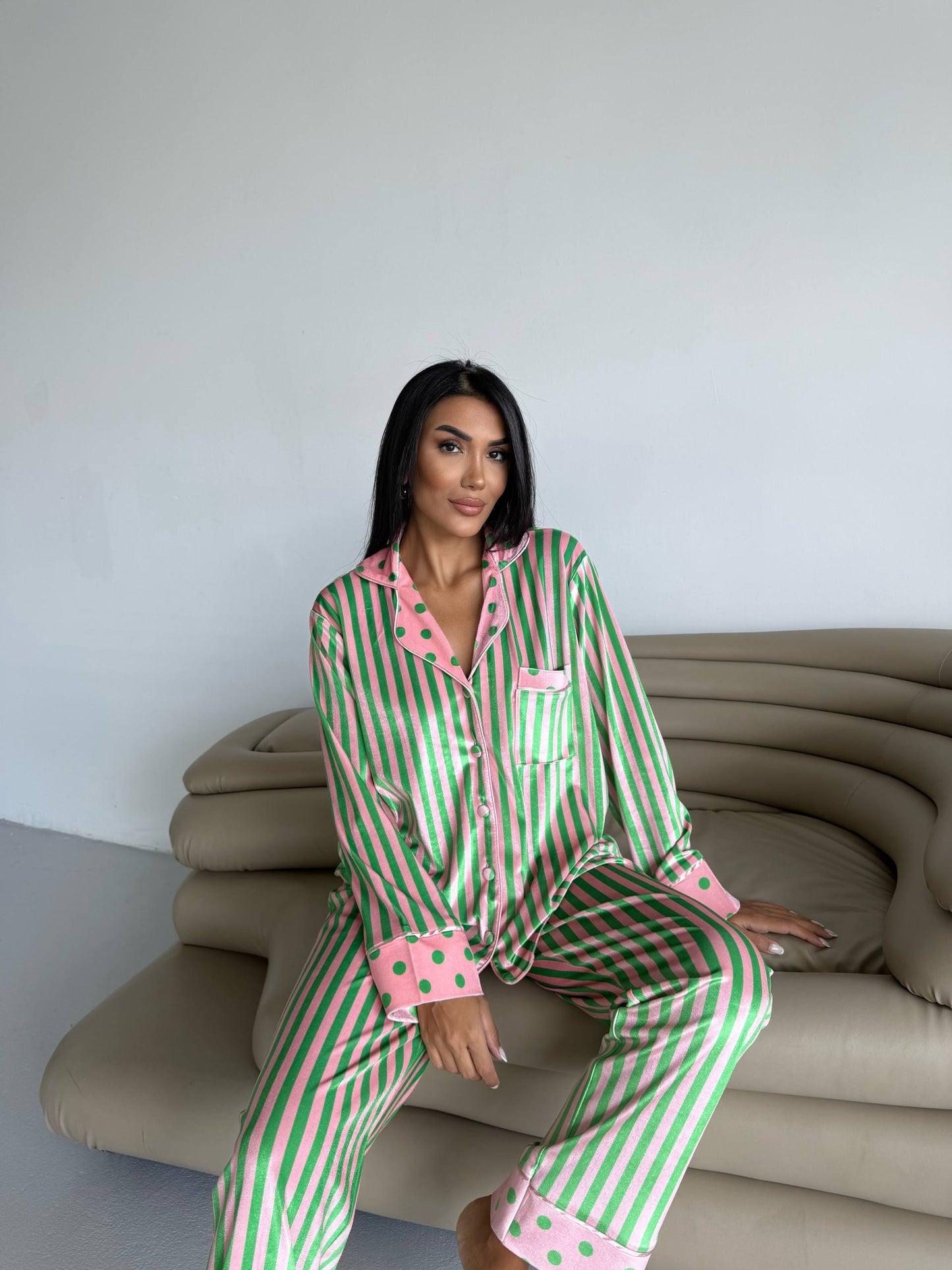 Fluwelen- Pyjamaset- Nachtkleding-Gestreept