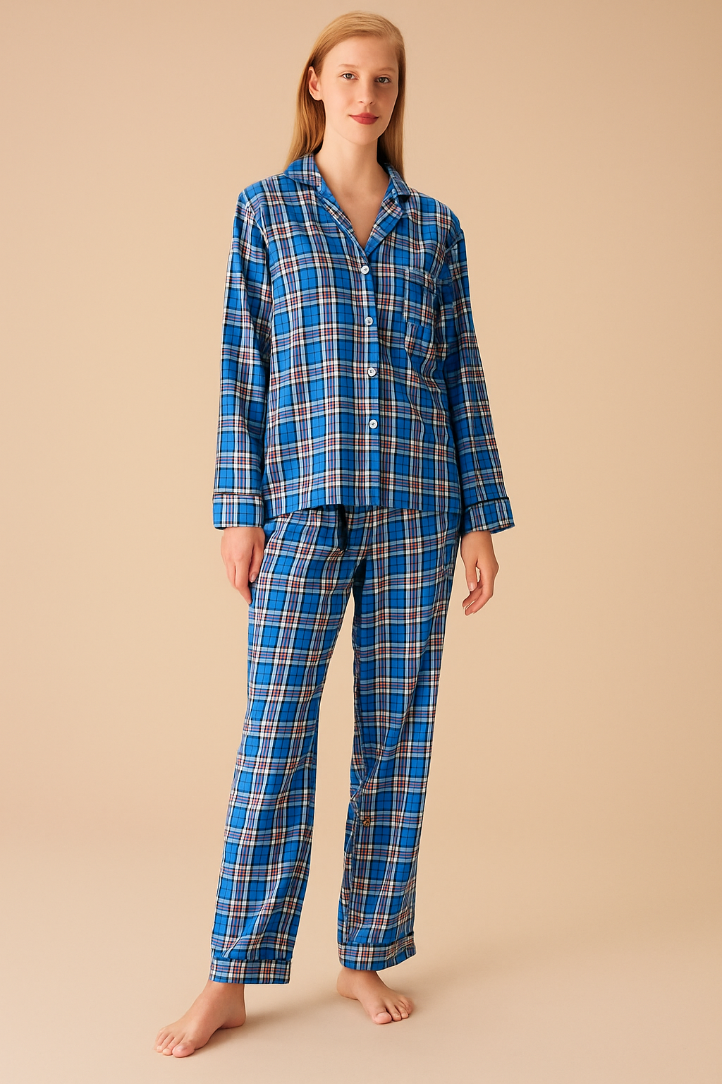 Pyjamaset- Nachtkleding Met Geruit Patroon- Blauw