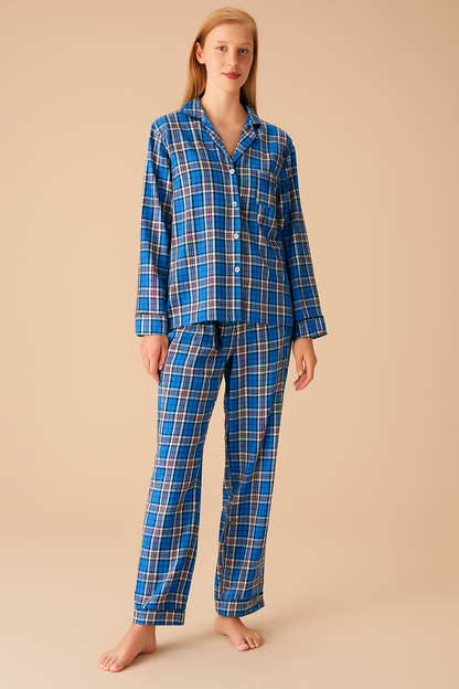Pyjamaset- Nachtkleding Met Geruit Patroon- Blauw