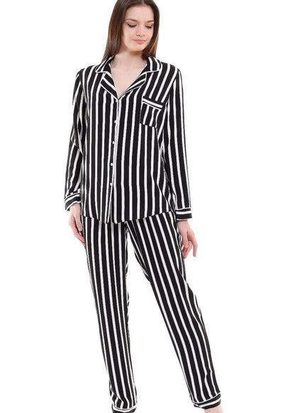 Katoen-Satijn Pyjamaset- Nachtkleding Zwart/ Roze Gestreept