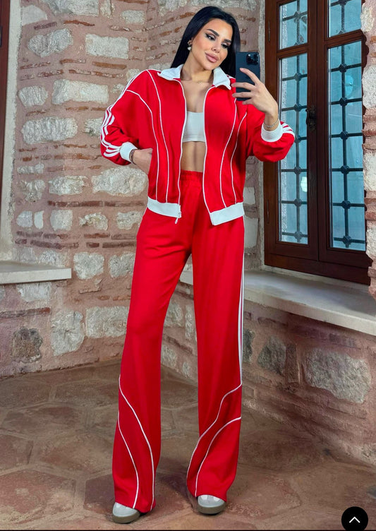 Trainingspak - Loungewear- Joggingspak - Sport kleding Met Ritssluiting - Wijde Pijpen Rood