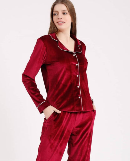 Fluwelen Pyjamaset- Nachtkleding Bordeaux