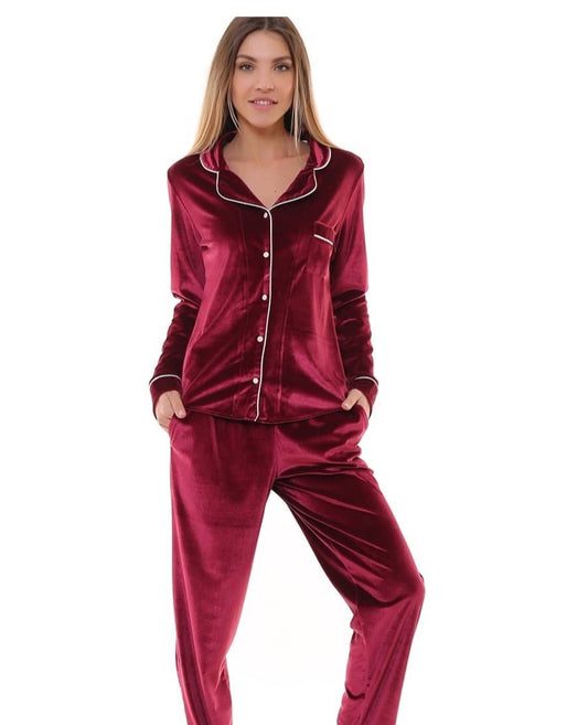 Fluwelen Pyjamaset- Nachtkleding Bordeaux