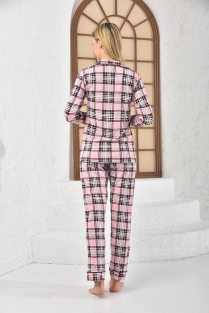 Katoen Dames Pyjamaset Roze Met Geruit Patroon