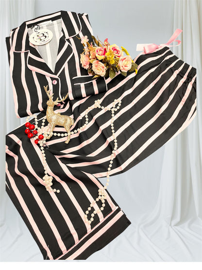 Katoen-Satijn Pyjamaset- Nachtkleding Zwart/ Roze Gestreept