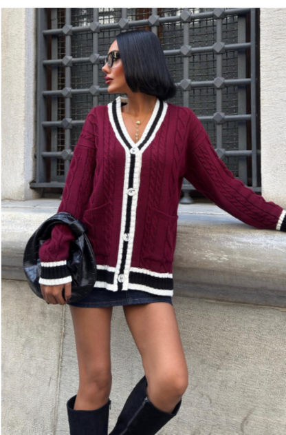 Oversized V-hals Vest Met Patchzakken- Bordeauxrood Een Maat