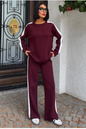 Comfortabele Gebreide Set Met Gestreepte Randen-  Loungewear- Bordeauxrood Eén Maat