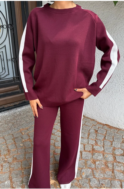 Comfortabele Gebreide Set Met Gestreepte Randen-  Loungewear- Bordeauxrood Eén Maat