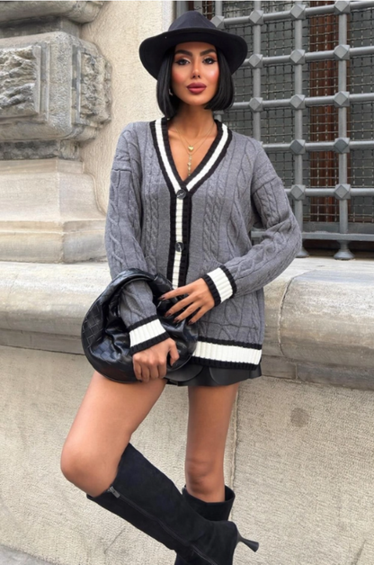 Dames Oversized V-hals Vest Met Patchzakken- Grijze