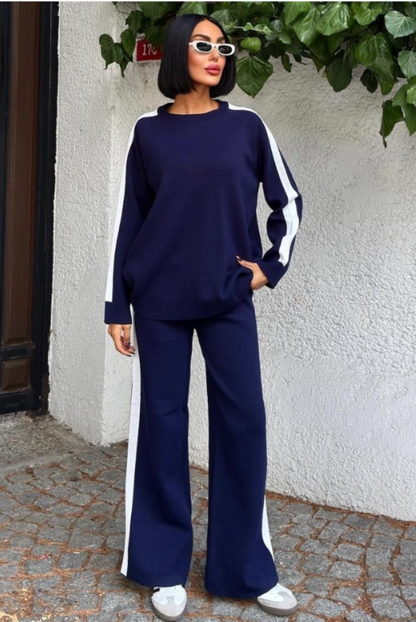 Comfortabele Gebreide Set Met Gestreepte Randen- Loungewear- Marineblauw Eén Maat