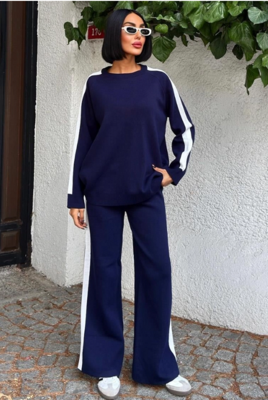 Comfortabele Gebreide Set Met Gestreepte Randen- Loungewear- Marineblauw Eén Maat