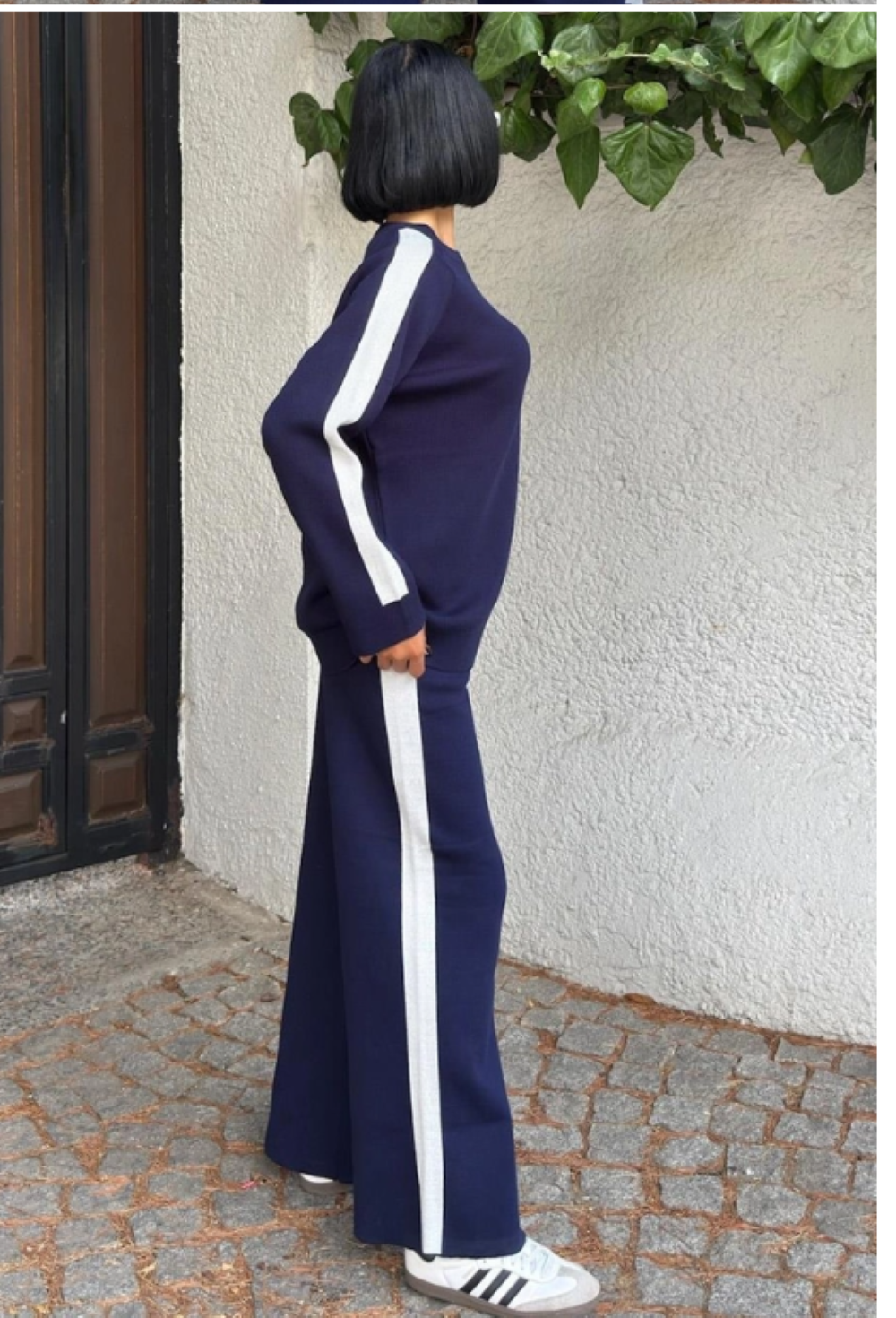 Comfortabele Gebreide Set Met Gestreepte Randen- Loungewear- Marineblauw Eén Maat