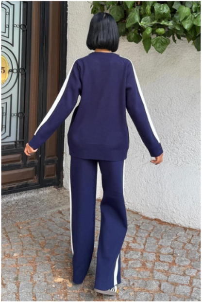 Comfortabele Gebreide Set Met Gestreepte Randen- Loungewear- Marineblauw Eén Maat