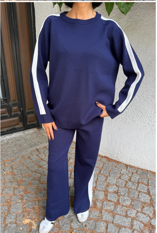 Comfortabele Gebreide Set Met Gestreepte Randen- Loungewear- Marineblauw Eén Maat