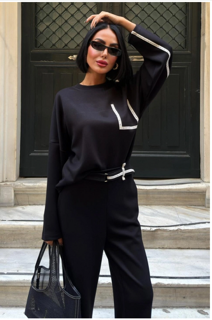 Trainingspak - Loungewear- Modal Pak Met Taillebanddetail Zwart