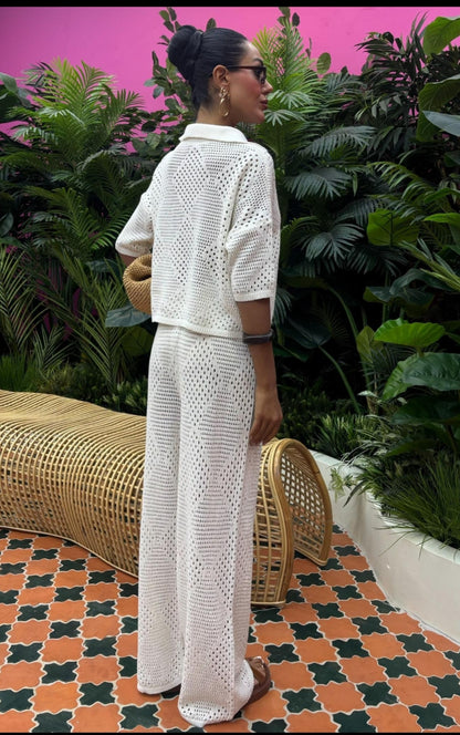 Dames Breipak Polokraag Overhemd- en Wijde Pijpen Broek- Beige Eén maat