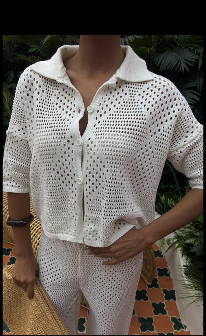 Dames Breipak Polokraag Overhemd- en Wijde Pijpen Broek- Beige Eén maat