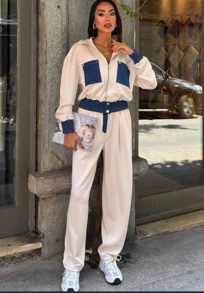 Trainingspak - Loungewear- Joggingspak - Sport kleding Met Ritssluiting- Jean- Modal Beige