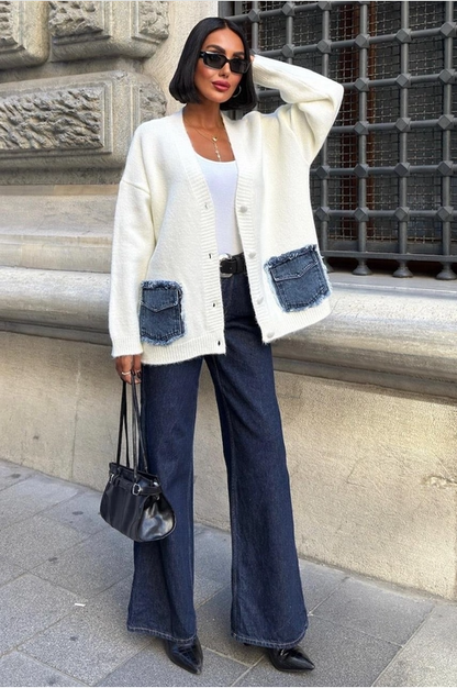 Dames Oversized Vest Met V-hals & Flapzakken Wit/Ecru Eén maat