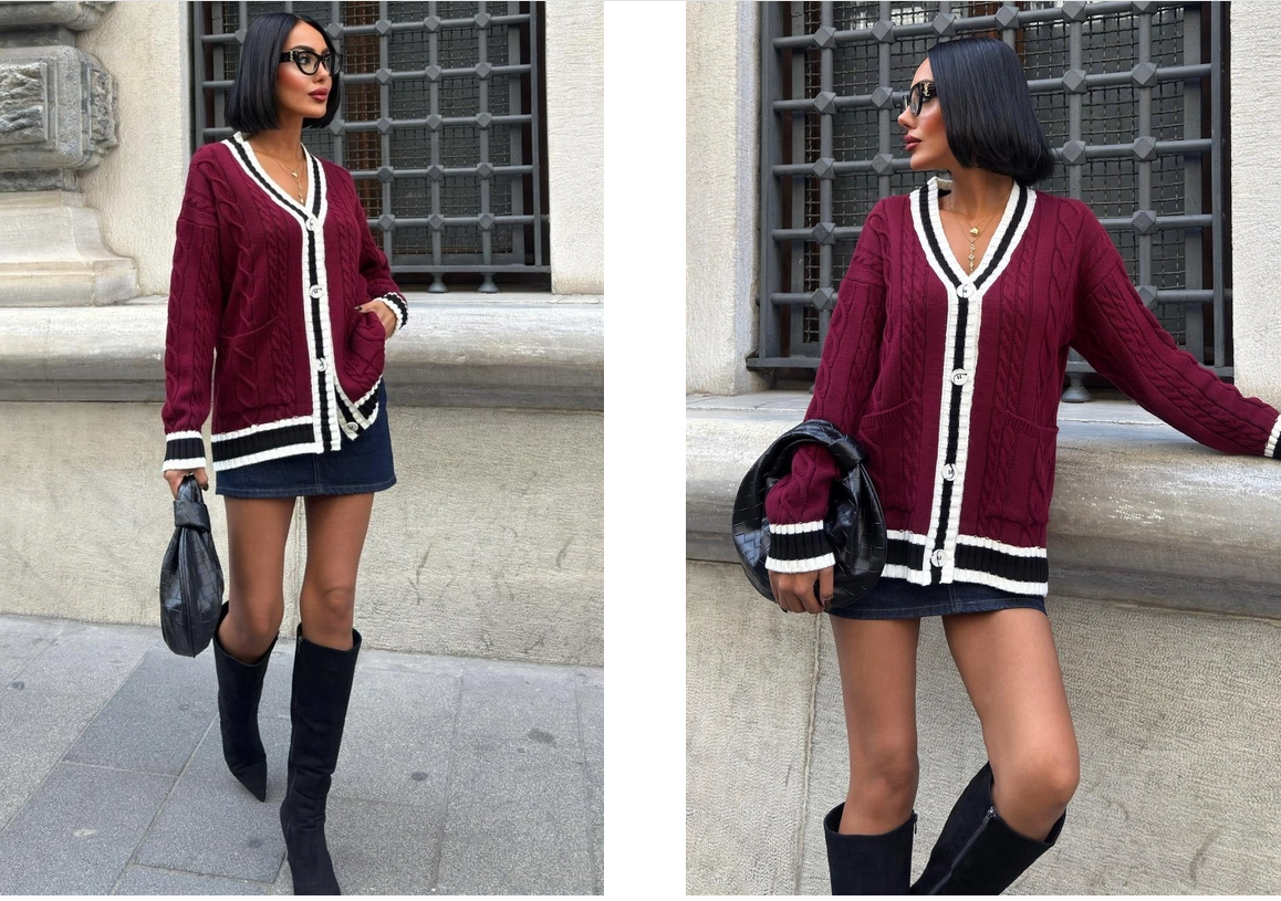 Oversized V-hals Vest Met Patchzakken- Bordeauxrood Een Maat