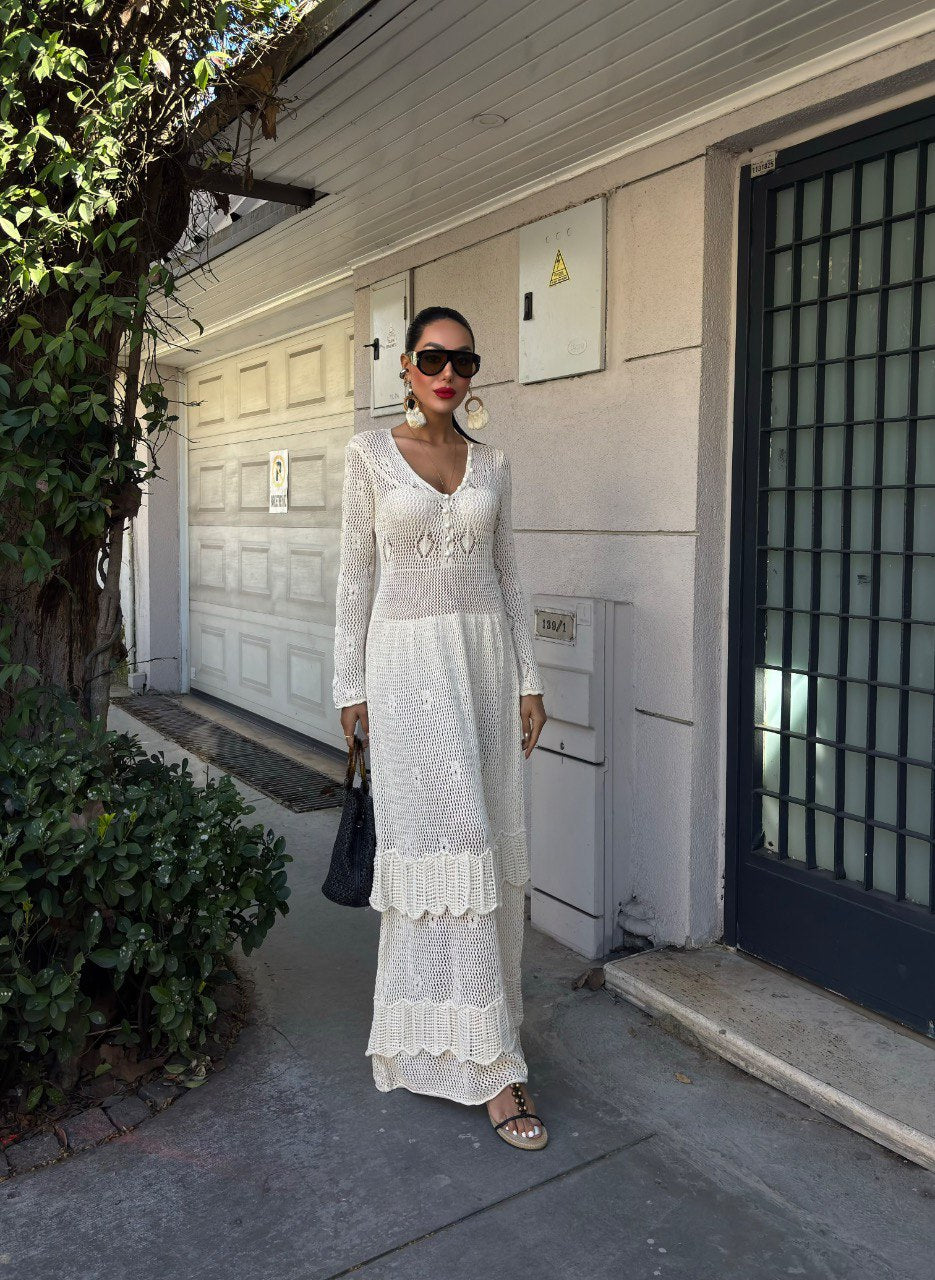 Gebreide Jurk Met Knoopdetail En Gelaagde Rok Eén maat