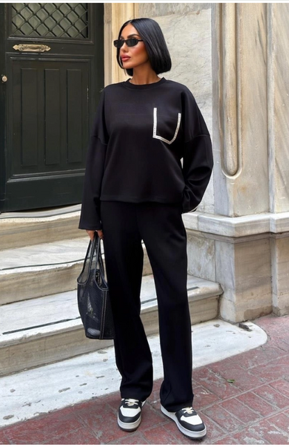 Trainingspak - Loungewear- Modal Pak Met Taillebanddetail Zwart